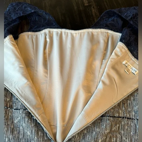 Kay Unger Sheath Dress Navy Blue Lace and Pewter Tweed Womens Size 12 - Picture 12 of 16